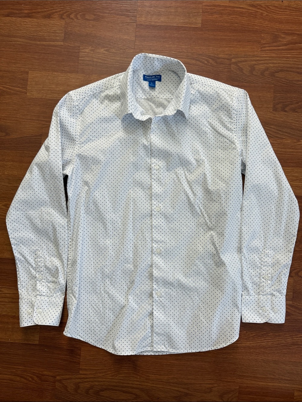 Haggar Boys Smartwash White Dress Shirt with Navy Micro Dots - Size Large